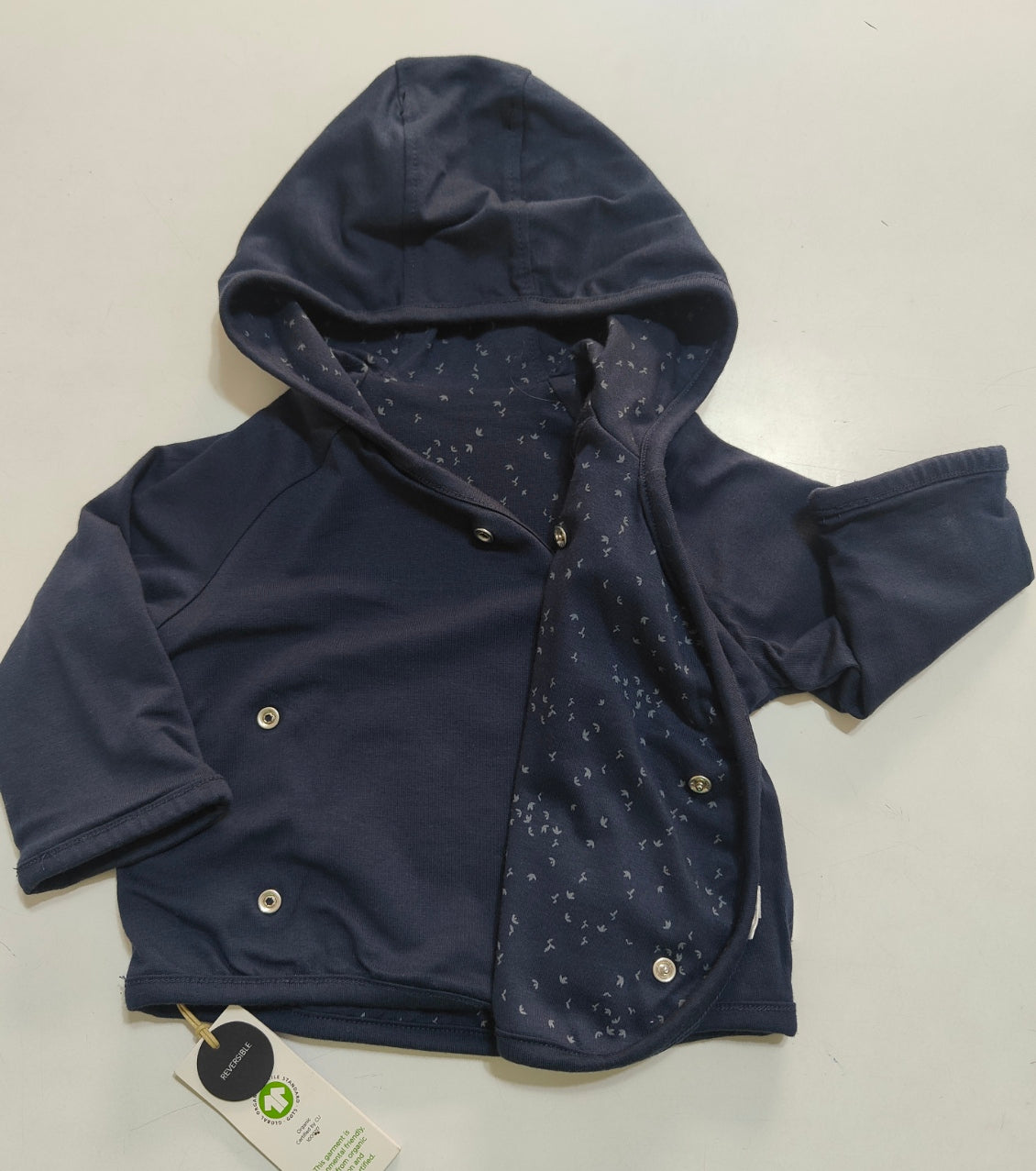 Jacket neonato in cotone organico blu bicolore reversibile