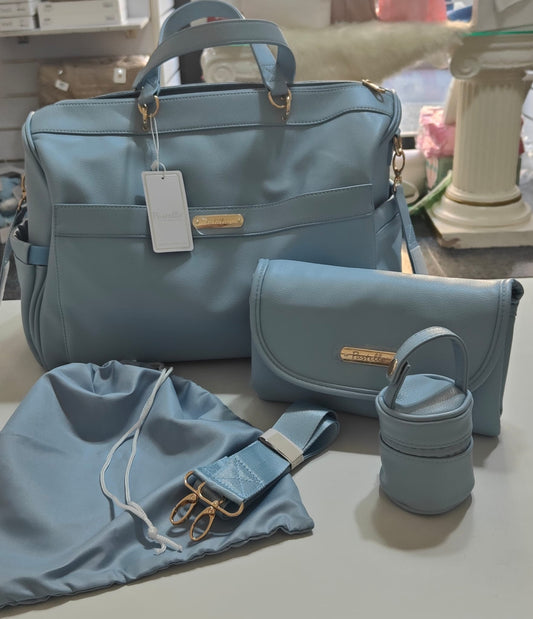 Borsone Pastello con accessori (fasciatoio-ganci passeggino-tracolla-porta ciuccio-sacca cambio) colore cielo