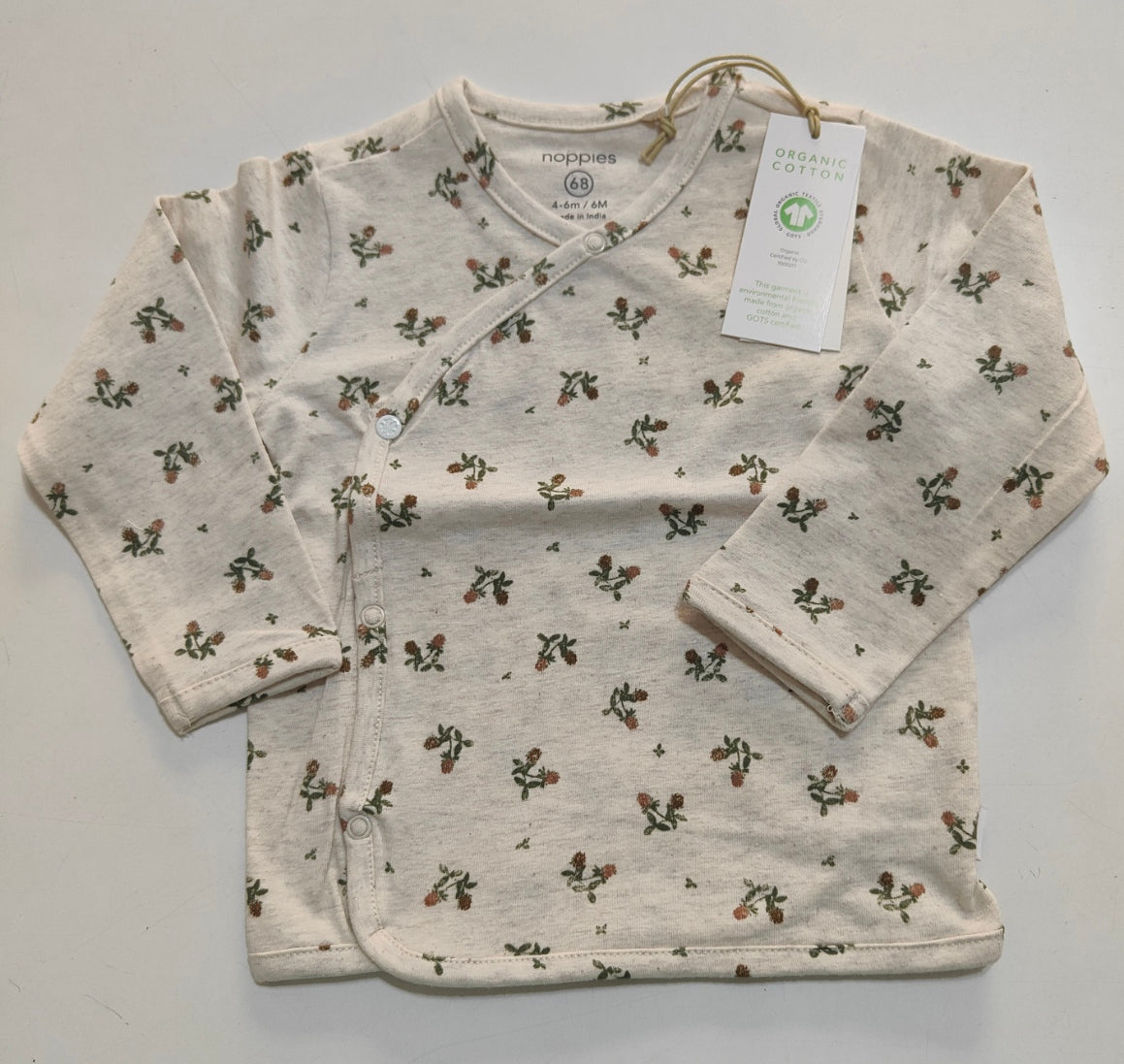 Maglia neonata ad incrocio in cotone organico color avana con stampa