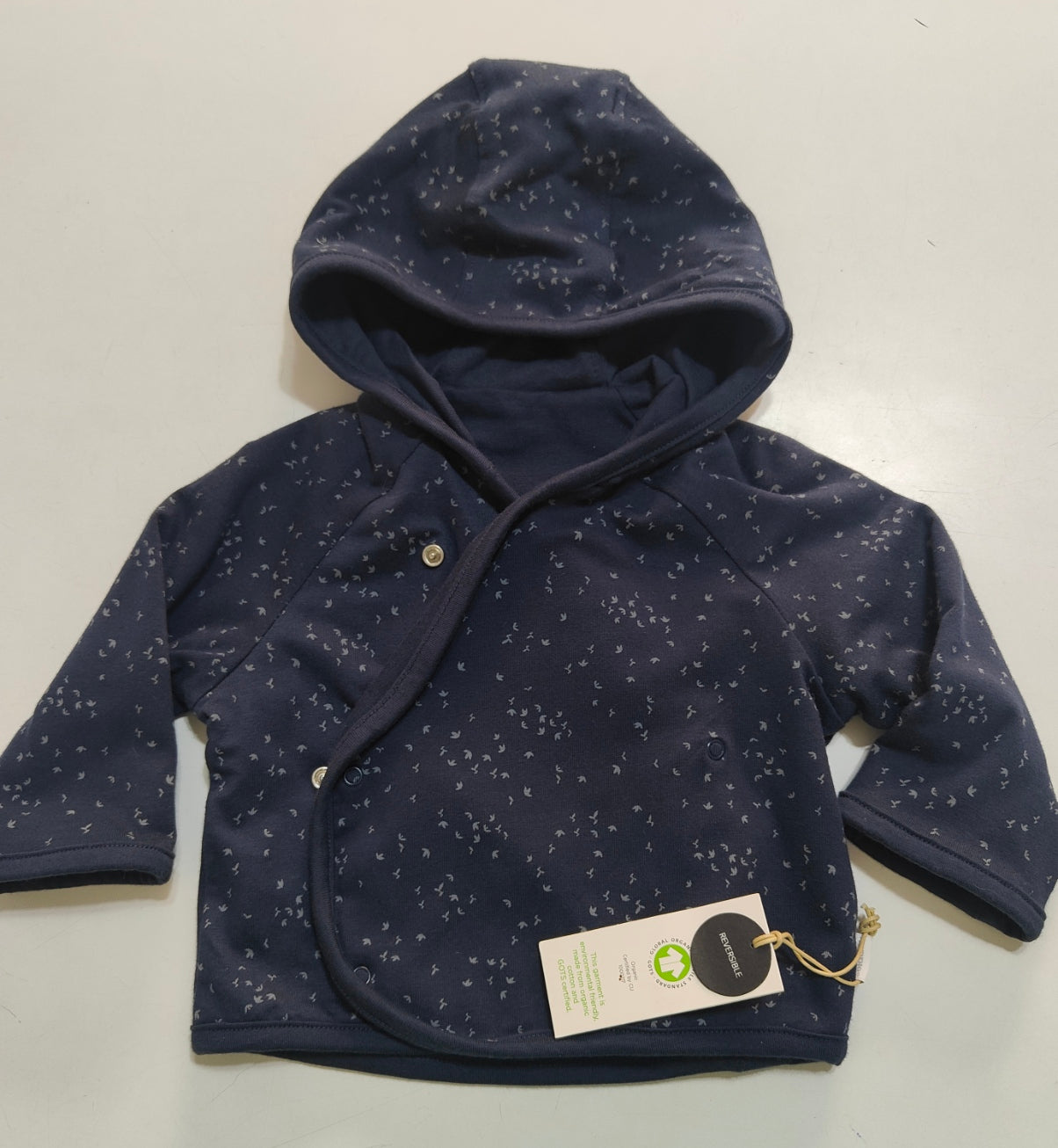 Jacket neonato in cotone organico blu bicolore reversibile