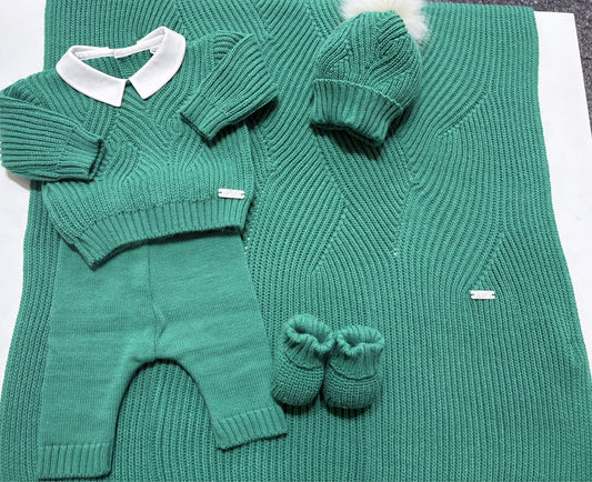 Set nascita Hophoplà, collezione autunno-inverno, tema Denny colore verde albero, composto da copertina, completino o tutina, cappello e scarpette
